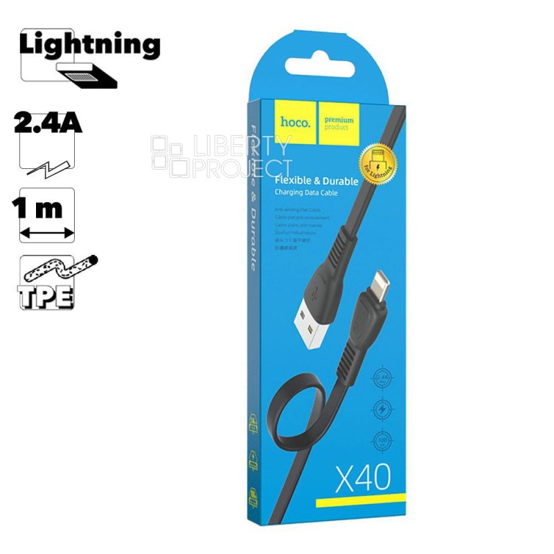 USB кабель HOCO X40 Noah Lightning 8-pin, 2.4А, 1м, TPE (черный)