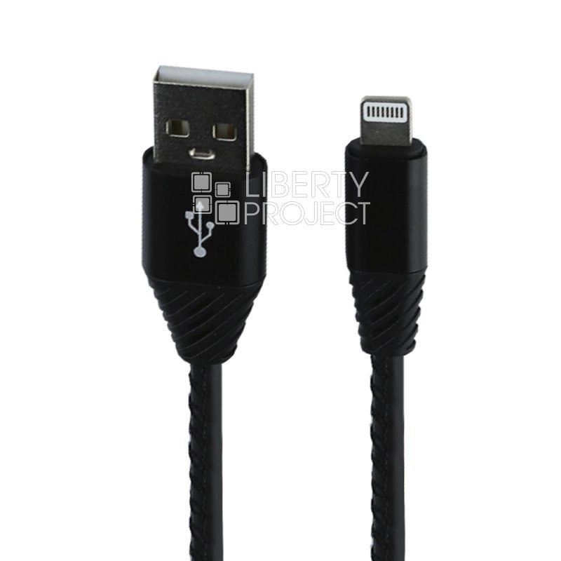 USB кабель "LP" для Lightning 8-pin Кожаная оплетка 1м. (черный/европакет)