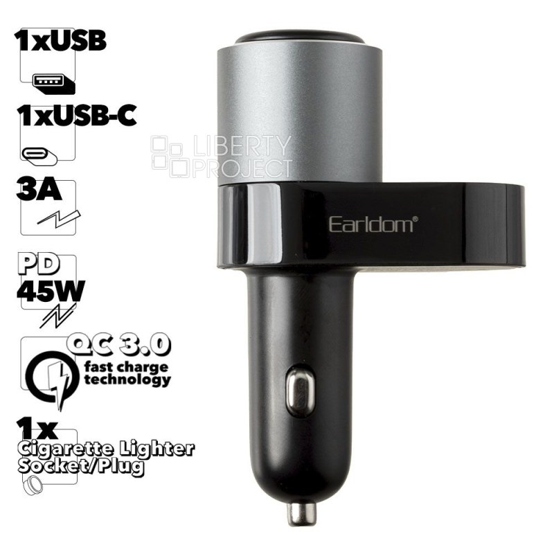 АЗУ Earldom ET-CS3 1xUSB, 1xUSB-С, QC3.0, 3A, PD45W, 1 гнездо прикуривателя (черный)