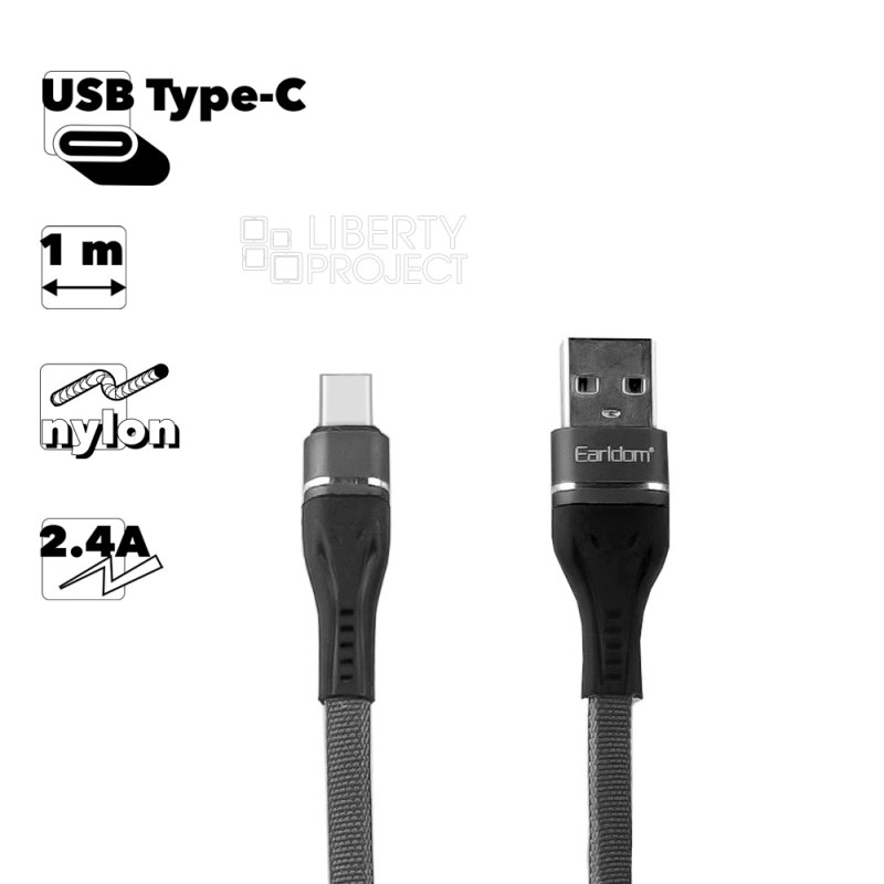 USB кабель Earldom EC-084C Type-C, 2.4А, 1м, нейлон (черный)