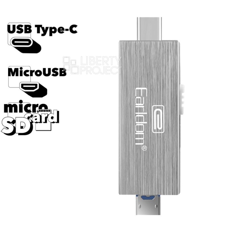 Картридер Earldom ET-OT24 Type-C/Micro USB на microSD + OTG (серебро)
