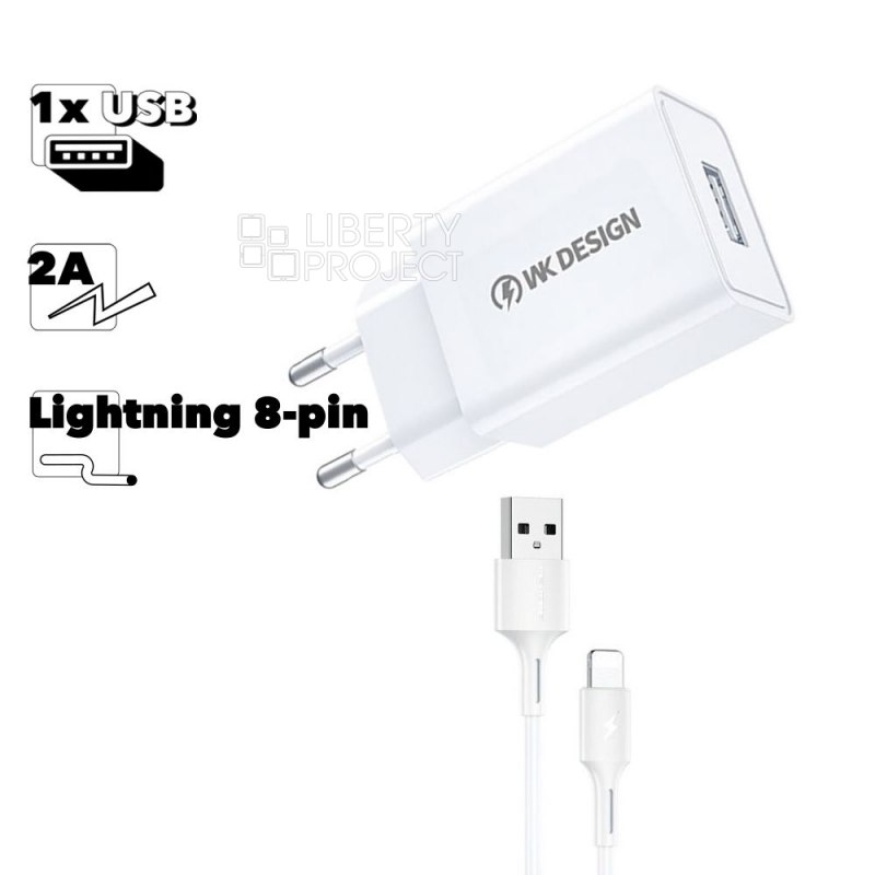 СЗУ WK WP-U118i 1xUSB, 2А + кабель Lightning 8-pin, 1м (белый)
