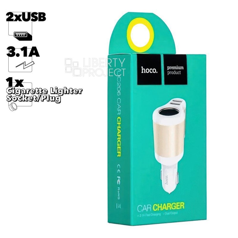АЗУ HOCO UC206 2xUSB, 3.1А, 1 гнездо прикуривателя (белый) мятая упаковка (0L-00038981)