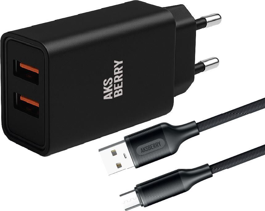 СЗУ AKSBERRY (6900209220015) T38 2 USB 2.4A + кабель MicroUSB, черный