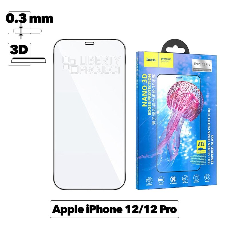 Защитное стекло HOCO A12 Nano для Apple iPhone 12/12 Pro, 3D, черная рамка, глянцевое, 0.3мм