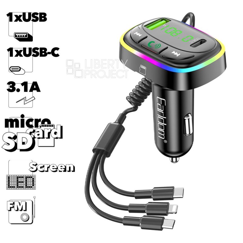 АЗУ Earldom ET-M105 1xUSB, 1xUSB-C QC3.0, 3.1A, BT 5.0, USB flash, MicroSD, LED дисплей, FM, кабель 3 в 1