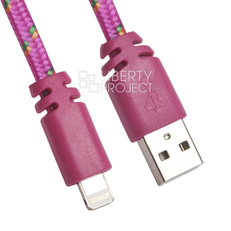 USB кабель "LP" для Lightning 8-pin плоская оплетка (темно-розовый/европакет)