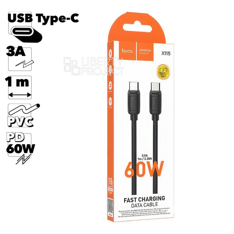 USB-C кабель HOCO X115 Surpass Type-C, PD60W, 1м, PVC (черный)