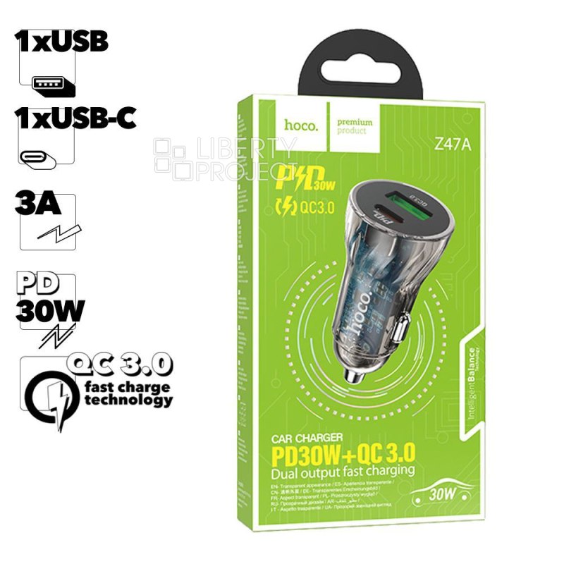 АЗУ HOCO Z47A Transparent 1xUSB, 1xUSB-C, 3А, PD30W, QC3.0 (черный)