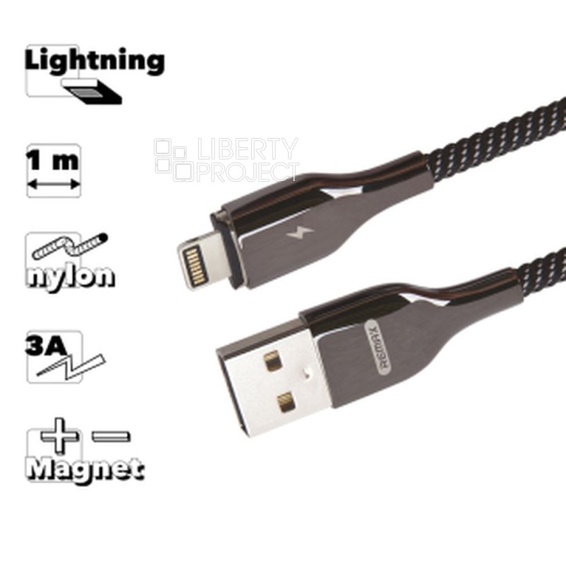 USB кабель REMAX RC-158i Magn Lightning 8-pin, 3А, магнитный, 1м, нейлон (черный)