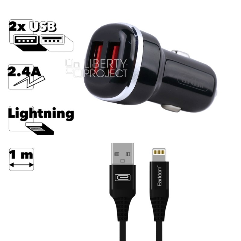АЗУ Earldom ES-138I 2xUSB, 2.4A + кабель Lightning 8-pin, 1м (черный)