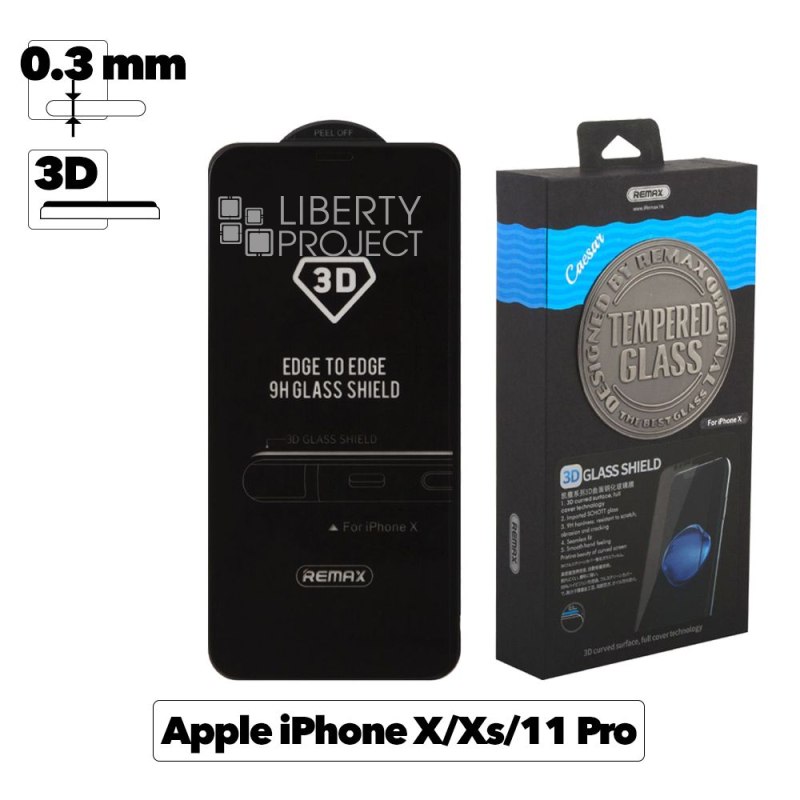Защитное стекло REMAX GL-04 Caesar для Apple iPhone Х/Xs/11 Pro, 3D, черная рамка + защитная пленка, 0.3мм