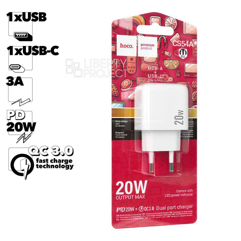 СЗУ HOCO CS54A Surplus 1xUSB, 1xUSB-C, 3А, PD20W, QC3.0 (белый)