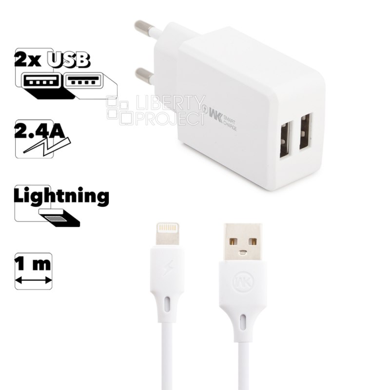 СЗУ WK Suda WP-U60i 2xUSB, 2.4А + кабель Lightning 8-pin, 1м (белый)
