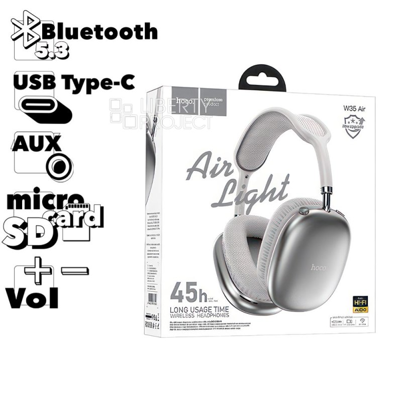 Bluetooth гарнитура HOCO W35 Air Triumph BT 5.3, AUX, microSD, накладная, громкость +/- (серебряный)