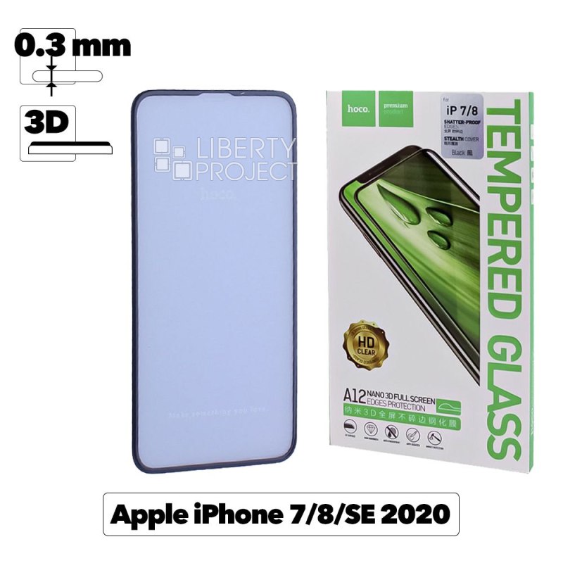 Защитное стекло HOCO A12 Nano для Apple iPhone 7/8, 3D, черная рамка, глянцевое, 0.3мм