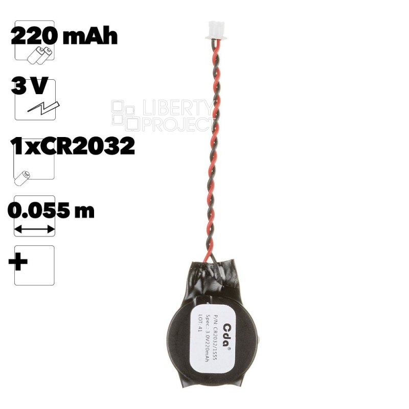 Батарейка CR2032, 3V, 220мАч, для ноутбука, провод 5,5 см, "+ левый"