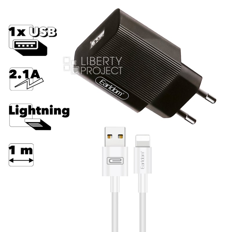 СЗУ Earldom ES-201I 1xUSB, 2.1А + кабель Lightning 8-pin, 1м (черный)