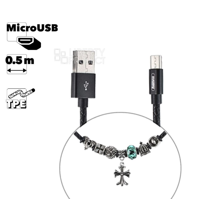 USB кабель REMAX RC-058m Jewellery MicroUSB, подвеска, 0.5м, нейлон (черный)