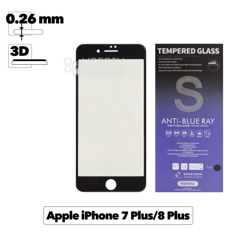 Защитное стекло REMAX для Apple iPhone 7 Plus/8 Plus, 3D, фильтр синего, черная рамка, 0.26мм