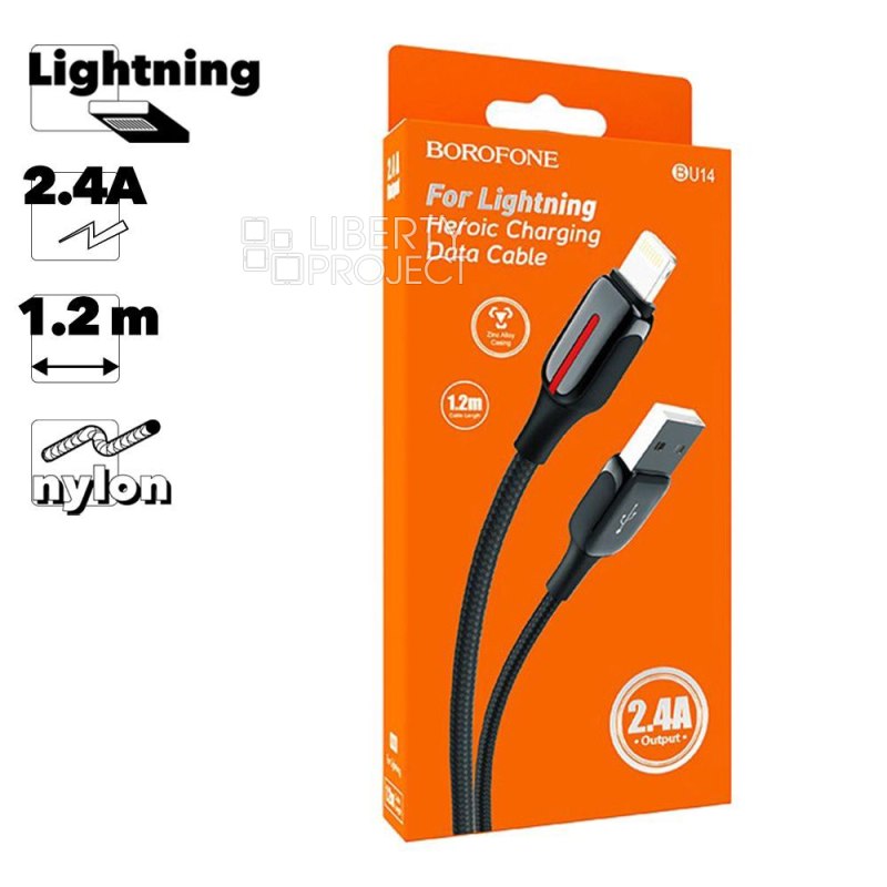 USB кабель BOROFONE BU14 Heroic Lightning 8-pin, 2.4А, 1.2м, нейлон (черный/красный)