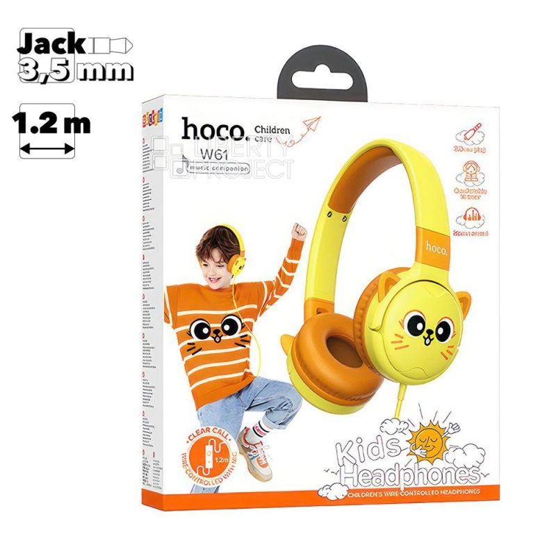 Гарнитура HOCO W61 Voice 3.5мм, накладная, детская, "котик", 1.2м (желтый)