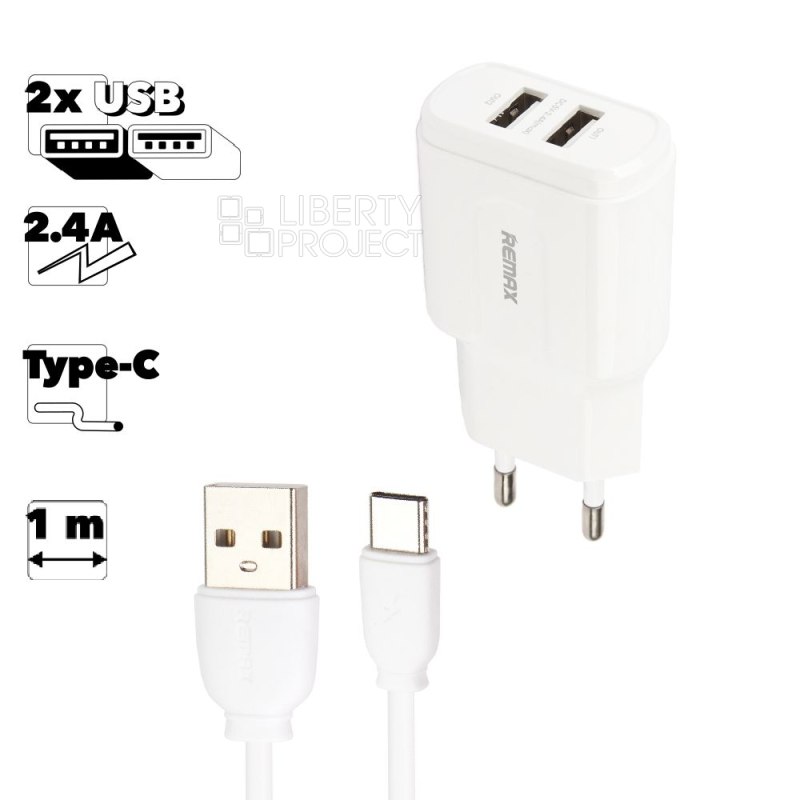 СЗУ REMAX RP-U22 2xUSB, 2.4А + кабель Type-C, 1м (белый)