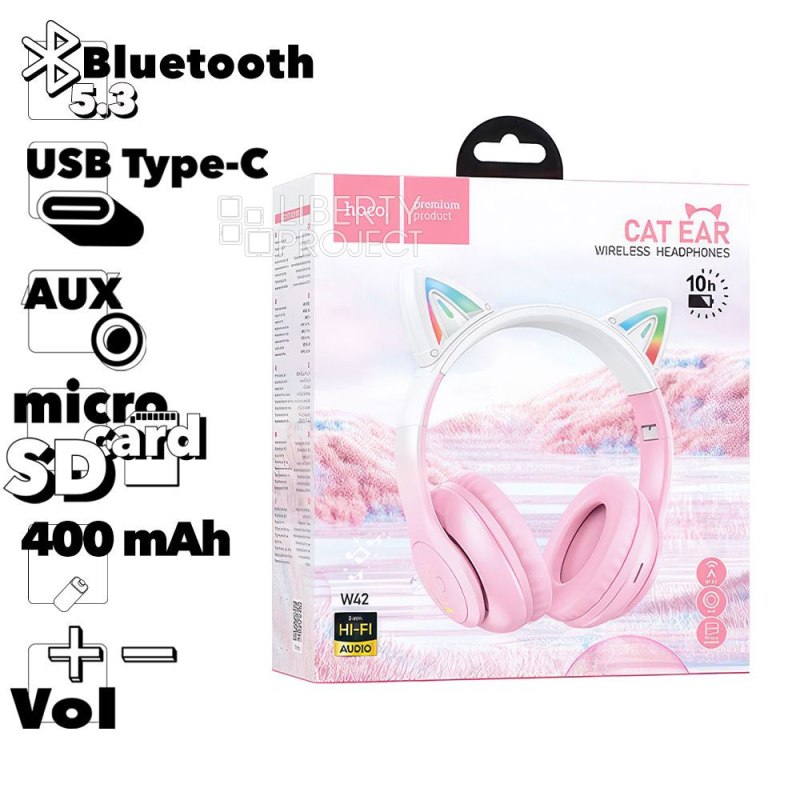 Bluetooth гарнитура HOCO W42 Cat Ears BT 5.3, AUX, накладная, громкость +/-, LED, "ушки" (розовый)