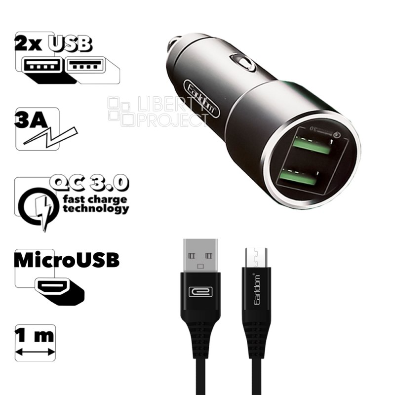 АЗУ Earldom ES-KC3M 2xUSB, QC 3.0 3A + кабель MicroUSB, 1м (серый)