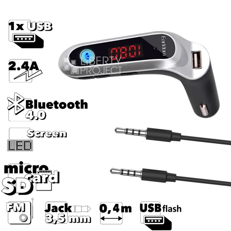АЗУ Earldom ET-C7 1xUSB, 2.4A. BT4.0, LED дисплей, AUX, микрофон, FM, MicroSD + кабель 3.5мм, 0.4 м (черный)