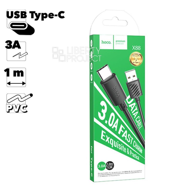 USB кабель HOCO X88 Gratified Type-C, 3А, 1м, PVC (черный)