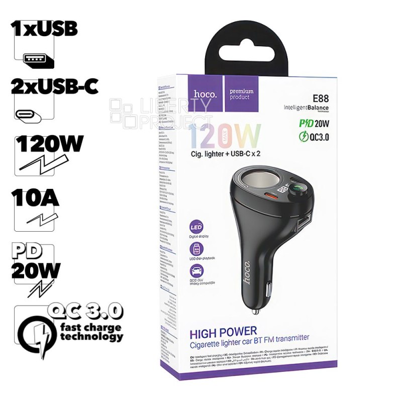 АЗУ HOCO E88 Star 2xUSB-C, 3А, 120W, BT5.0, USB flash, FM, LED дисплей (черный)