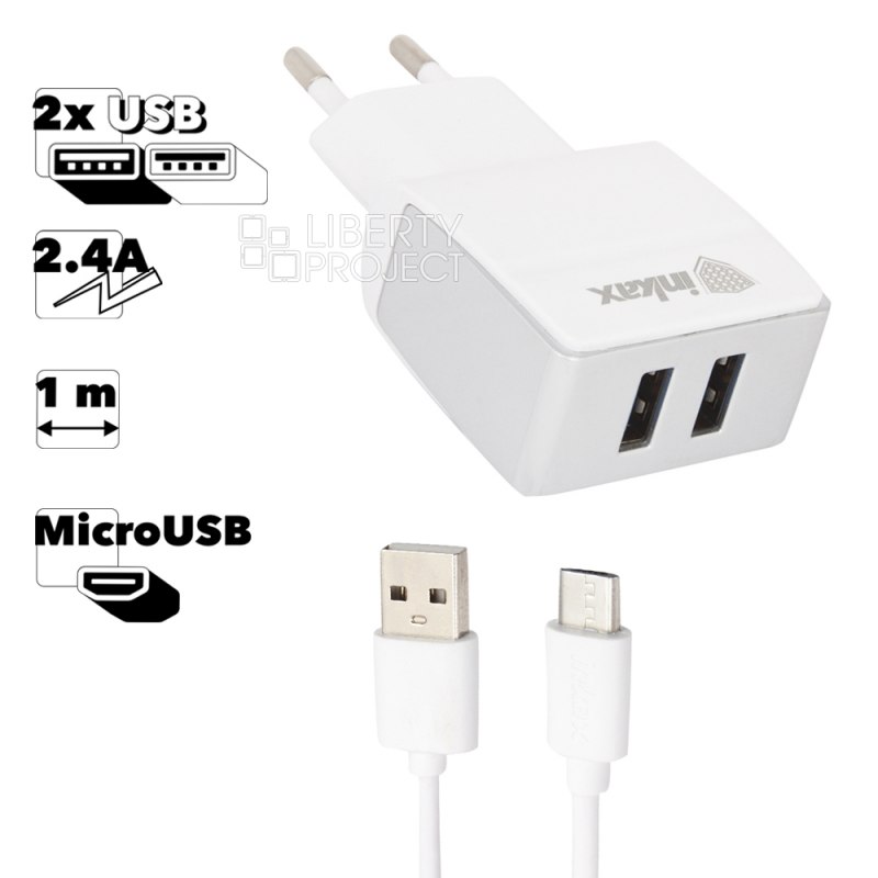 СЗУ inkax CD-23 Superior 2xUSB, 2.4А + кабель MicroUSB 1м (белый)