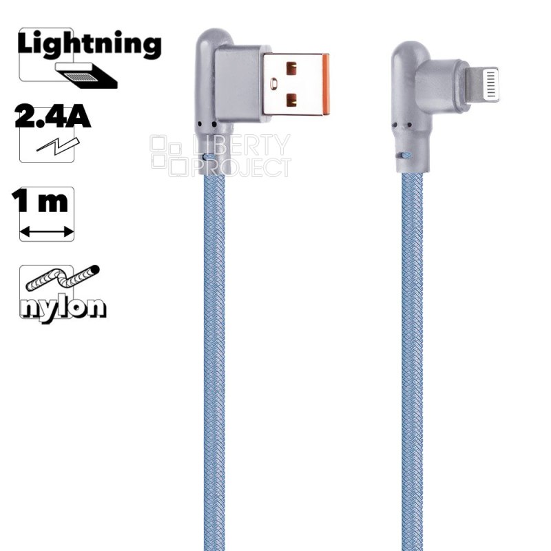 USB кабель "LP" для Apple Lightning 8-pin Г-коннектор оплетка леска (синий/блистер)