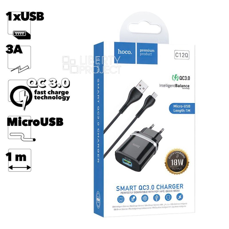 СЗУ HOCO C12Q Smart 1xUSB, 3А, 18W, QC3.0, LED + USB кабель MicroUSB, 1м (черный)