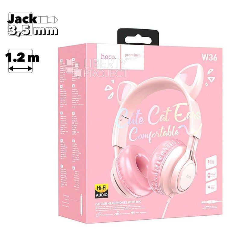 Гарнитура HOCO W36 Cat Ear 3.5мм, накладная, "ушки", 1.2м (розовый) мятая упаковка (0L-00057088)