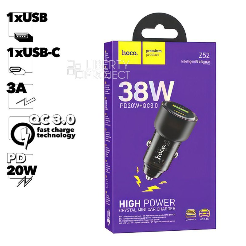 АЗУ HOCO Z52 Spacious 1xUSB, 1xUSB-C, 3А, 38W, PD20W, QC3.0 (прозрачный черный)