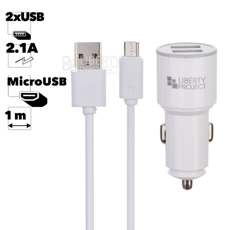 АЗУ "LP" с двумя USB выходами 2.1А + USB кабель Micro USB "Barrel Series" (белое/коробка)