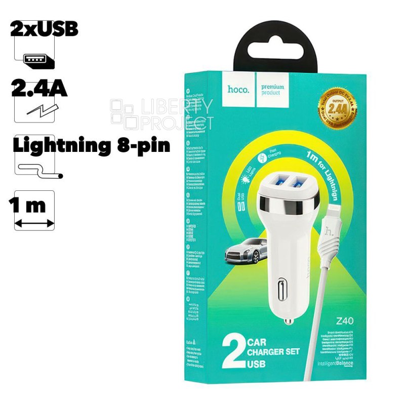 АЗУ HOCO Z40 Superior 2xUSB, 2.4А, LED + USB кабель Lightning 8-pin, 1м (белый)