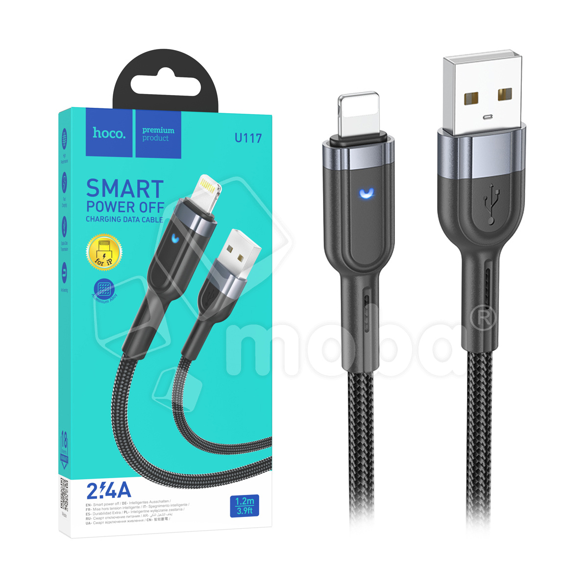 Кабель USB - Lightning Hoco U117 (2.4A, с функцией интеллектуального отключения, индикатор, оплетка нейлон, 1.2 м) Черный