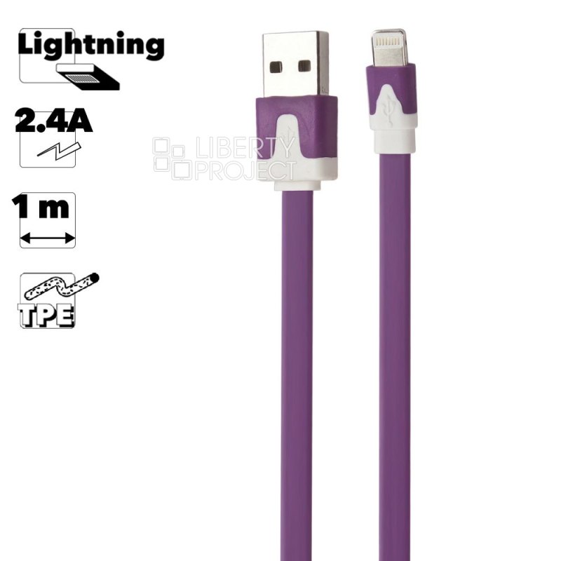 USB кабель "LP" для Apple iPhone/iPad Lightning 8-pin плоский узкий (сиреневый/коробка)
