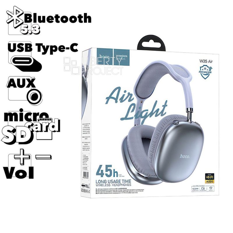 Bluetooth гарнитура HOCO W35 Air Triumph BT 5.3, AUX, microSD, накладная, громкость +/- синий мятая (0L-00062952)
