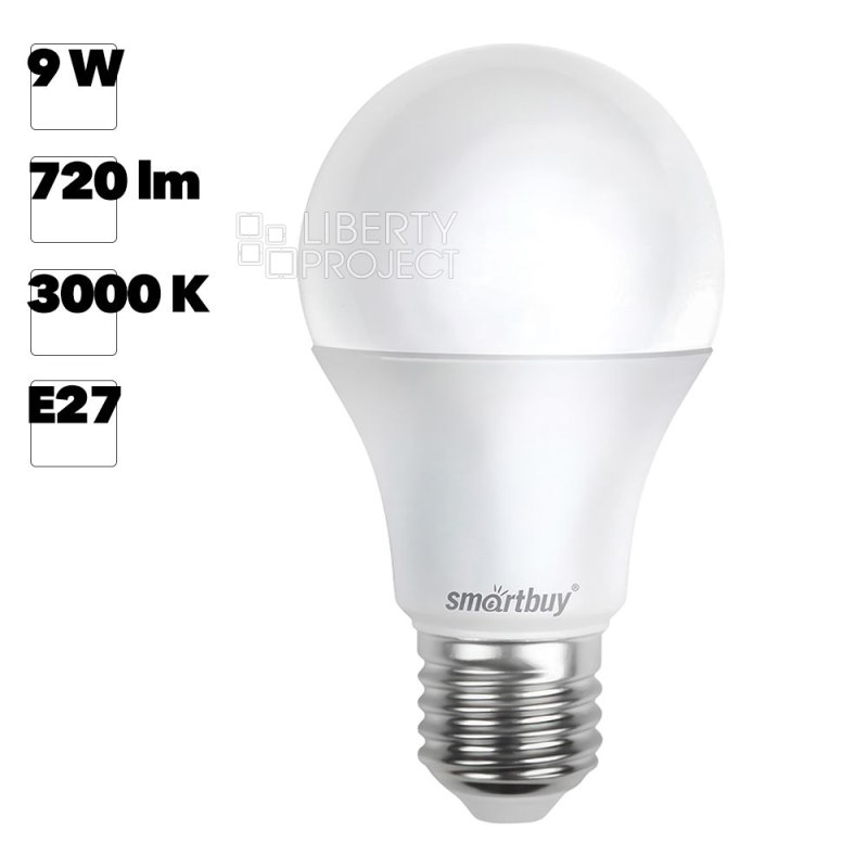 Светодиодная (LED) Лампа Smartbuy A60-09W/3000 теплый свет/цоколь E27