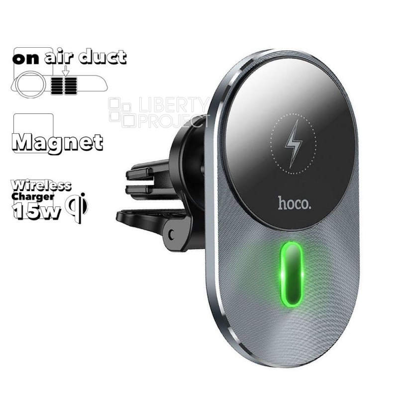 Держатель в авто с БЗУ HOCO CA91 Magic магнитный, в воздуховод, 15W (серый)