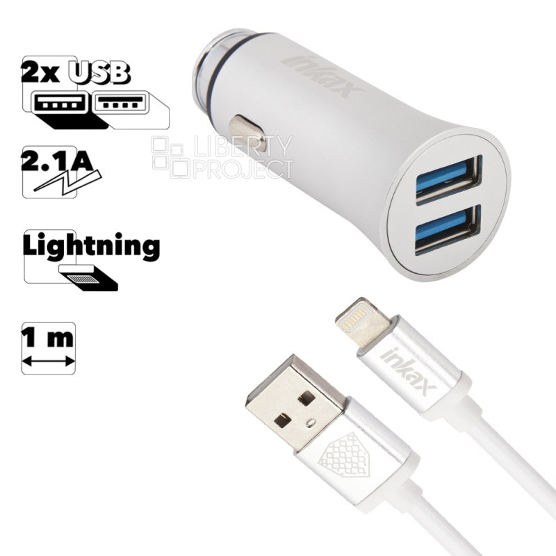 АЗУ inkax CD-31 Companion 2xUSB, 2.1А + кабель Lightning 8-pin 1м (серебряный)