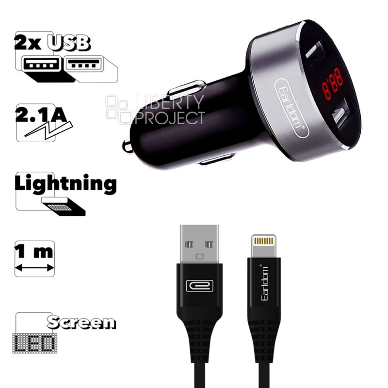 АЗУ Earldom ES-121I 2xUSB, 2.1A, LED дисплей + кабель Lightning 8-pin, 1м (черный)