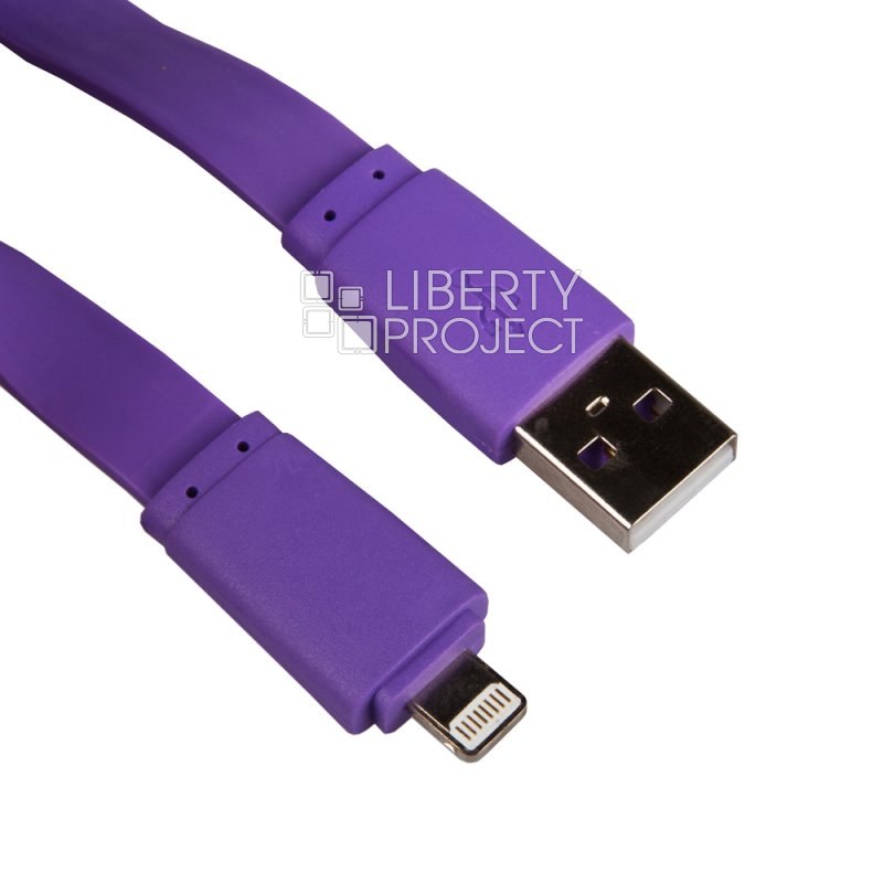 USB кабель "LP" для Apple iPhone/iPad Lightning 8-pin плоский широкий (сиреневый/коробка)