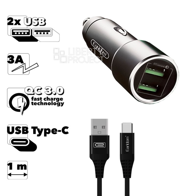 АЗУ Earldom ES-KC3C 2xUSB, QC 3.0 3A + кабель Type-C, 1м (серый)