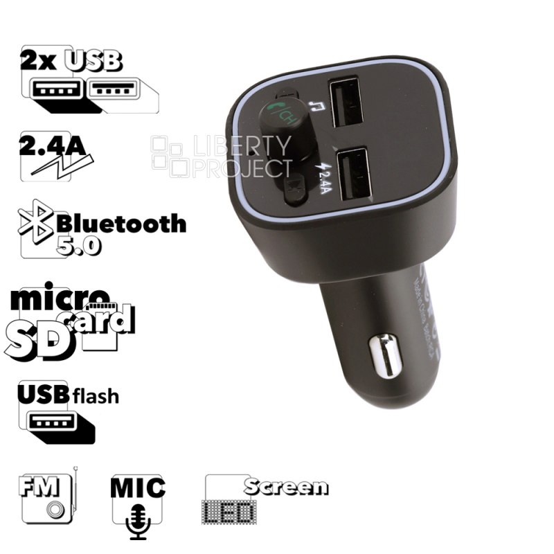 АЗУ Earldom ET-M53 2хUSB, 2.4A, BT 5.0, LED дисплей, FM, микрофон, USB flash, MicroSD (черный)
