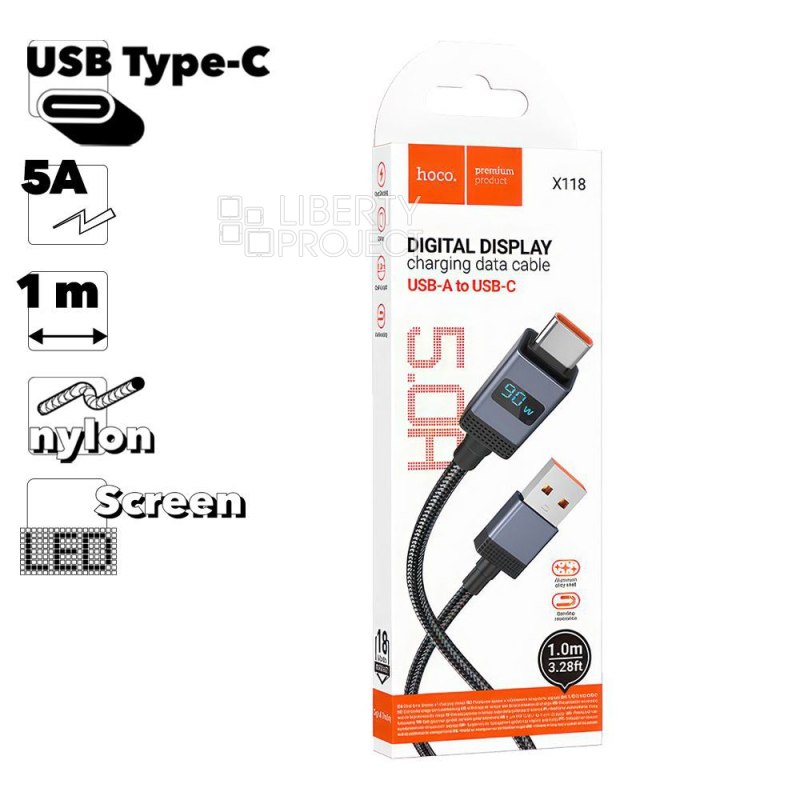 USB кабель HOCO X118 Generous Type-C, 5A, LED дисплей, 1м, нейлон (черный)